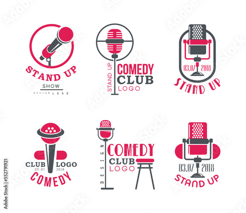 Stand Up Club Show Logo Design with Microphone and Text Vector Set