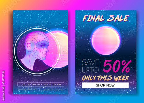 Portrait of robot android woman in retro futurism style. Vector illustration of a cyborg in glowing neon bright colors. futuristic synth wave flyer template. Cyber technology.