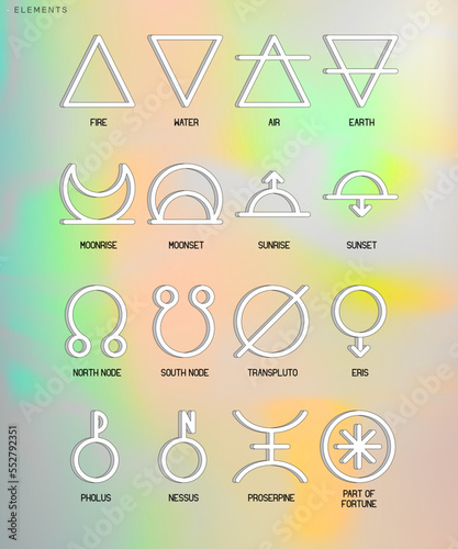 ASTROLOGY ELEMENTS zodiac horoscope thin line label linear design esoteric stylized elements symbols signs. Vector illustration icons photo