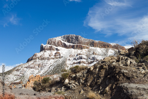 Cañadas del Teide. Snowy mountain. Mountain landscape in winter. Snowy mountain in the background. Snowy mountain in the background.Tenerife, Canary Islands, Spain.