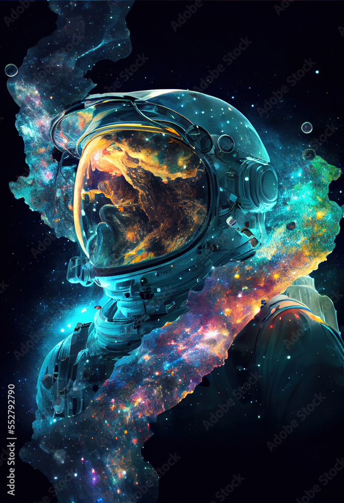 surreal, astronaut, colorful, unique digital art, space, galaxy, universe, Stock Illustration
