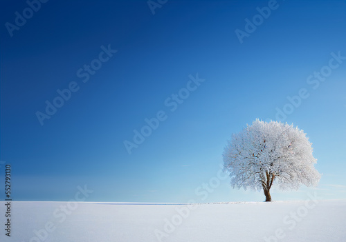 christmas background of frozen lonely tree on snow in winter