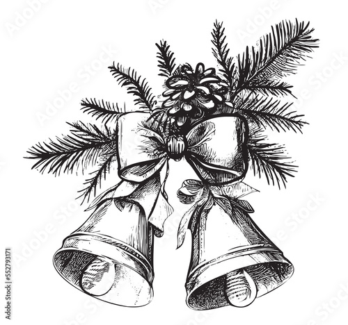 Christmas bells with a bow on a branch hand drawn sketch Vector illustration.