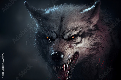 Fototapete scary angry wolf with sharp teeth