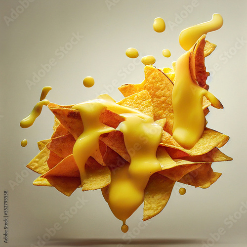 hovering or floating nachos with cheese sauce and dip, created with Generative AI photo