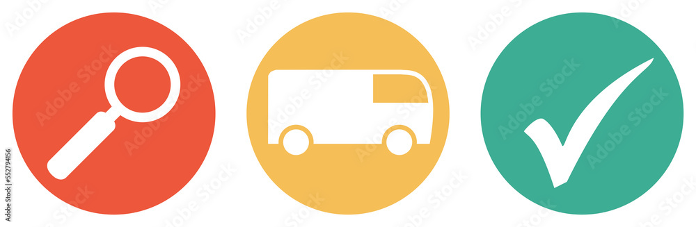 Transporter Suche - Bunter Button Banner mit Laster, Lupe und Häkchen Transporter Suche - Bunter Button Banner mit Laster, Lupe und Häkchen