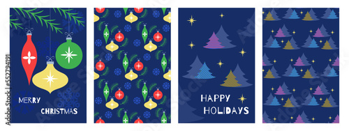 Christmas card with fir trees, Christmas toys in a minimalist style with seasonal wishes in a modern style. Template for postcards, invitations, congratulations, web, social networks, print.
