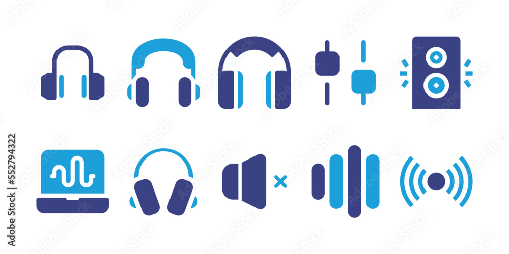 Audio icon set. Duotone color. Vector illustration. Containing headphone, equalizer, speaker, laptop, mute, audio waves, broadcast