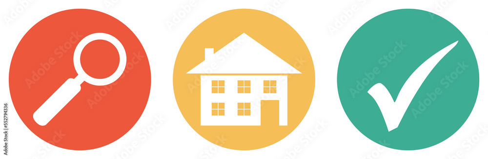 Immobiliensuche - Bunter Button Banner mit Haus, Lupe und Häkchen Immobiliensuche - Bunter Button Banner mit Haus, Lupe und Häkchen