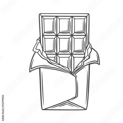 Chocolate bar line icon vector illustration. Hand drawn outline whole open choco block in foil wrapper ready to eat, one dark bitter or milk gourmet chocolate for eating in aluminum and paper cover