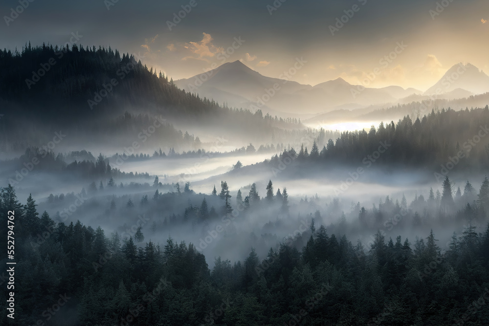 Forest in foggy mountains, beautiful landscape. AI