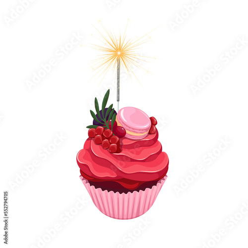 Birthday cupcake vector illustration. Cartoon isolated chocolate cake with red whipped cream, berry and macaroons decoration, burning sparkler on muffin in pink paper cup for happy birthday party
