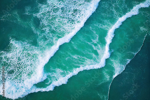 Top view aerial image of beautiful sea landscape beach with turquoise water waves. AI © Oleksandr Blishch