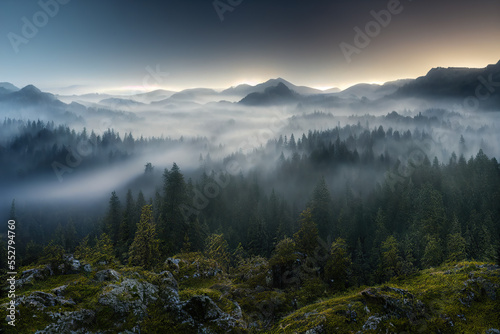 Foggy sunrise in the mountain forest. AI