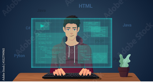 Wed Developer and Programmer Coding on Augmented Reality Screen Premium Vector