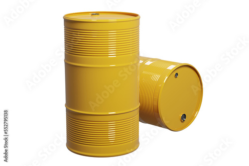 Yellow oil barrels against isolated background, 3d rendering. Oil refinery and trading, fossil fuels industry concepts