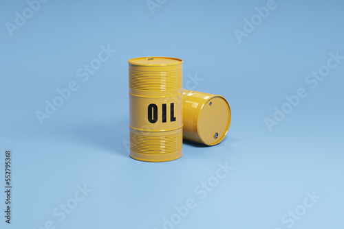 Yellow oil barrels against blue background, 3d rendering. Oil refinery and trading, fossil fuels industry concepts