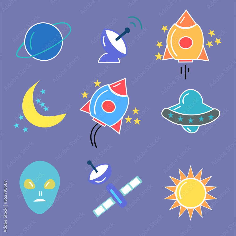 Set of science icons for kid books, national science day 