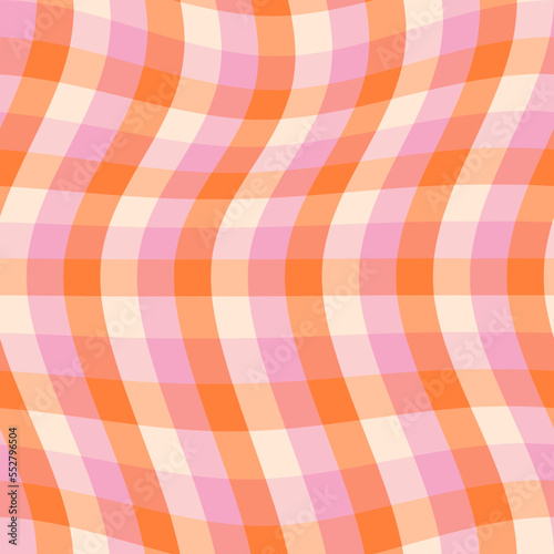 1970 Trippy Grid, Wavy Seamless Pattern in Pink and Orange Colors. Hand-Drawn Vector Illustration. Seventies Style, Groovy Background, Wallpaper, Print. Flat Design, Hippie Aesthetic.