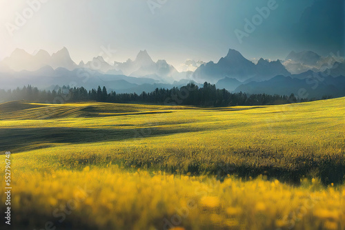 Beautiful mountains and fields with sunshine (Generative AI)