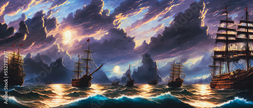 Old sailing pirate ship lost in the ocean in a stormy night. Concept art. 