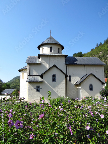 white monastery in the mountains with purple flowers in front of, isolated close-up
