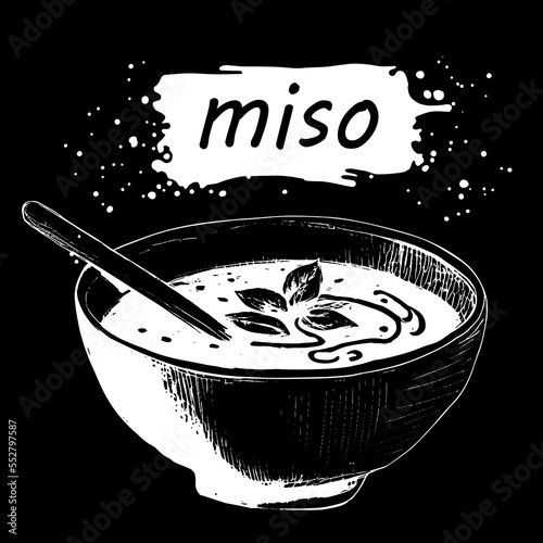 Hand drawn miso soup. Japanese food illustration