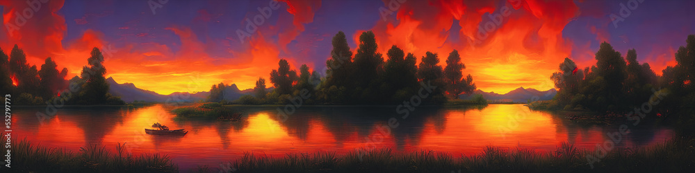 Panoramic view of the lake and forest. Beautiful landscape. Orange sky.