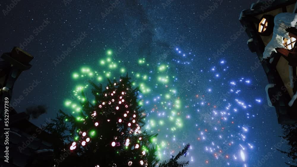Multicolored fireworks on the background of the starry sky. Nice 3D rendering of Fireworks. The camera moves up. Christmas celebration concept. Place for text.