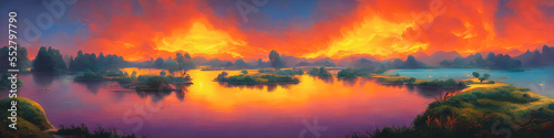 Panoramic view of the lake and forest. Beautiful landscape. Orange sky.