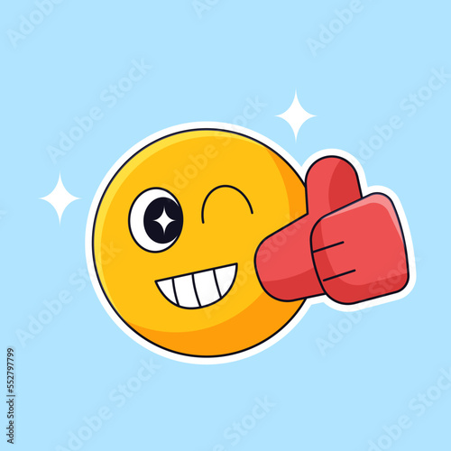 cute blinking eye emoji face with thumb up hand gesture for good job nice work social media emoticon outline vector illustration design
