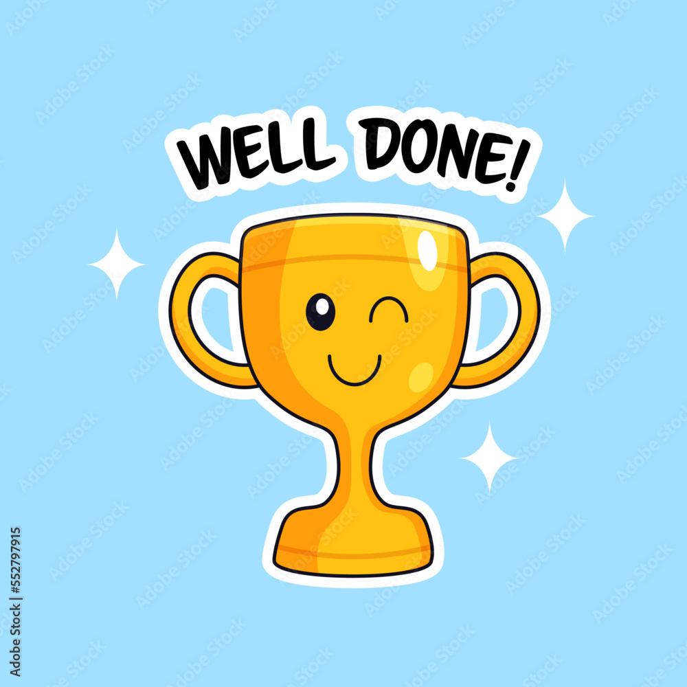 well done sticker concept with gold trophy with blinking eye face emoticon outline vector illustration well done sticker concept with gold trophy with blinking eye face emoticon outline vector illustration