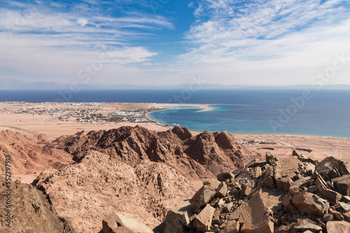 Panoramic view of Dahab city and lagoon with tourist sites from height of mountain, Egypt
