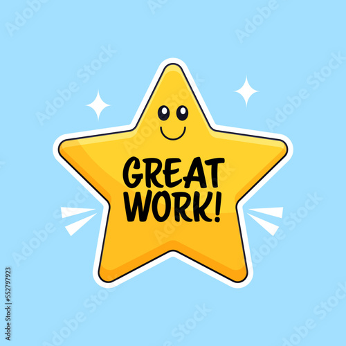 great work text inside golden star sticker with cute face vector outline illustration