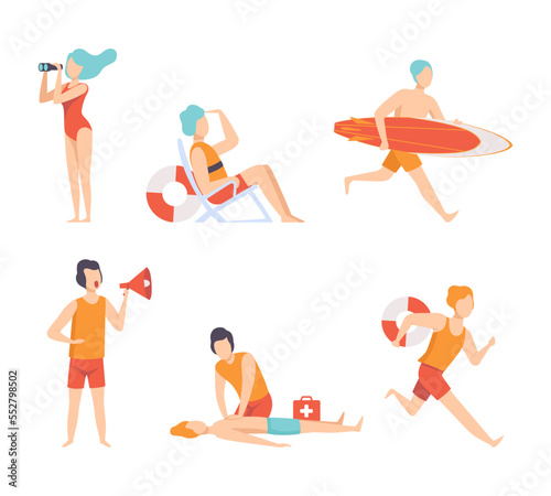 Man and Woman Beach Lifeguards with Megaphone, Lifebuoy and Binoculars Ensuring Safety Vector Set