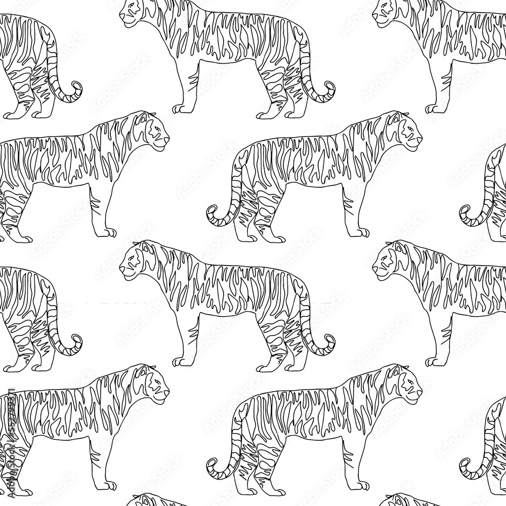 Fototapeta premium One line seamless pattern of tiger isolated on white. black outline. modern stock Illustration of the exotic tropical animal. For gift wrapping, textile, wallpaper, scrubbing, web page lights, fill