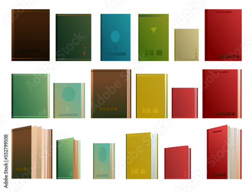 Set books objects. Front view. Great collection for reading. Library or bookstore. Isolated on white background. Vector.