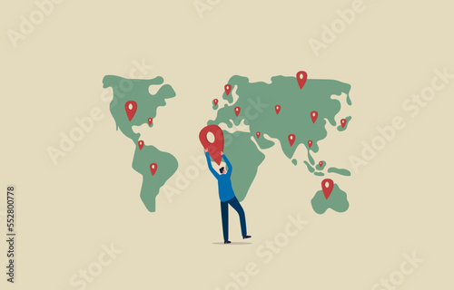 Global expansion strategy. Grow business in a global. Businessman putting pin new branch on global world map. Illustration photo