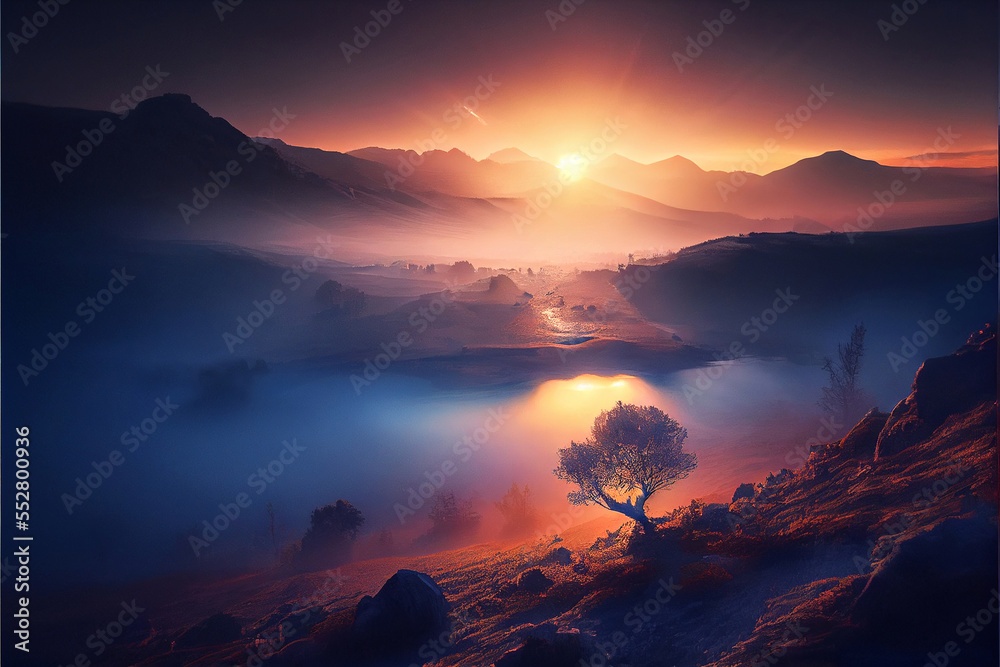 sunset over the mountains. Designed by Generative AI