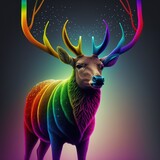 Multicolored reindeer with rainbow horns, created with generative AI 
