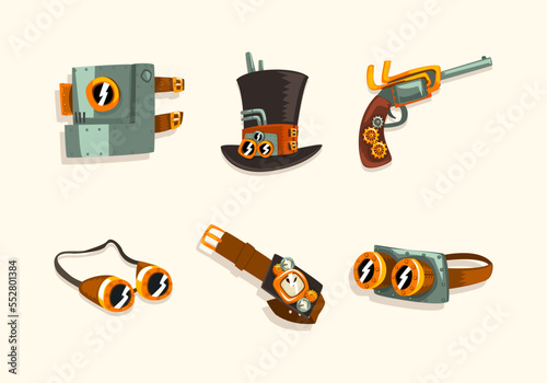Steampunk Fictional Objects and Mechanism with Goggles, Top Hat, Watch, Helmet and Mechanical Pistol Vector Set