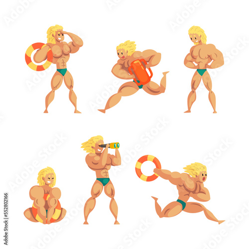 Muscluar Blond Man Beach Lifeguard with Lifebuoy Ensuring Safety Vector Set