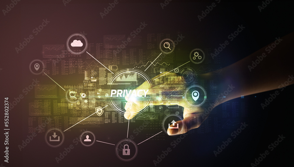 Hand touching cybersecurity button concept Hand touching cybersecurity button concept