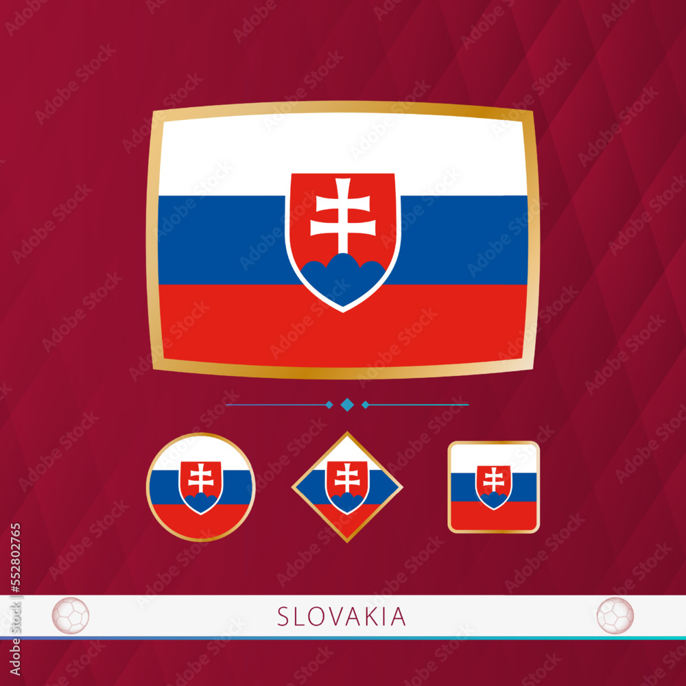 Set of Slovakia flags with gold frame for use at sporting events on a burgundy abstract background. Set of Slovakia flags with gold frame for use at sporting events on a burgundy abstract background.