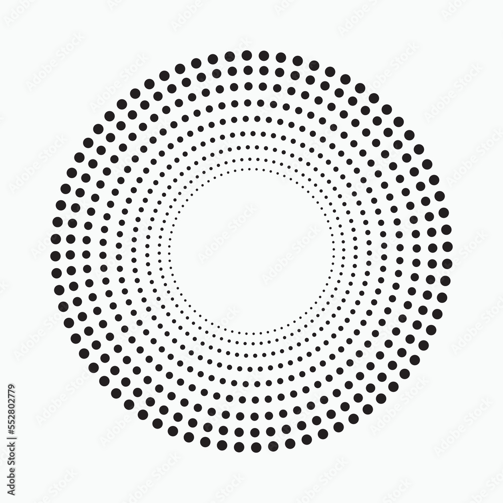 Circle halftone spiral backdrop. Dotted abstract concentric circle. spiral, swirl, twirl element. Circular and radial dots helix. Design element for multipurpose use.	