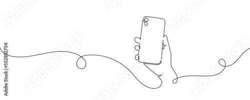 Continuous one line drawing in hand phone smartphone on white background. Vector illustration