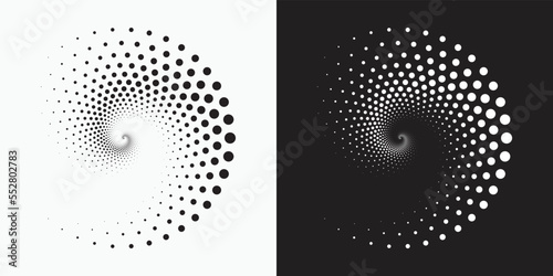 Circle halftone spiral backdrop set. Dotted abstract concentric circle. spiral, swirl, twirl element. Circular and radial dots helix. Design element for multipurpose use.	
