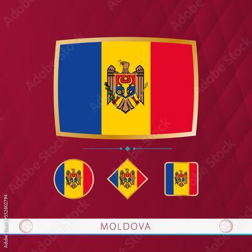Set of Moldova flags with gold frame for use at sporting events on a burgundy abstract background.