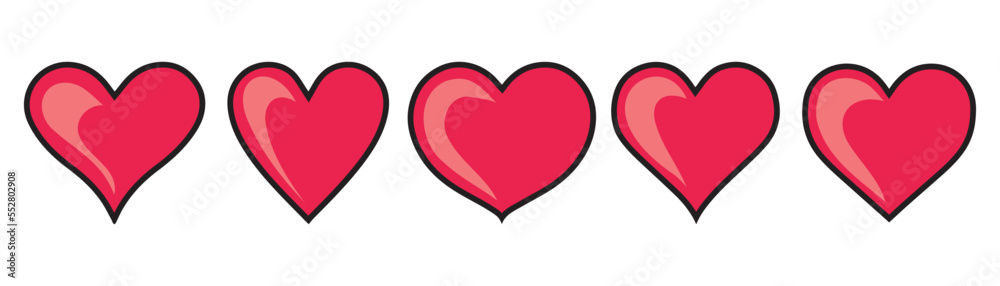 Heart red icon set. Romantic shape symbol on Valentine's Day. Isolated on white background. Vector illustration Heart red icon set. Romantic shape symbol on Valentine's Day. Isolated on white background. Vector illustration