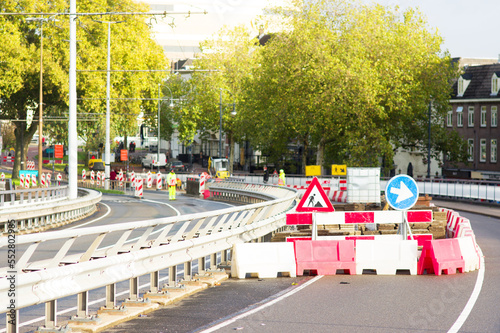 Work site closed with roadblocks for road works in the Netherlands